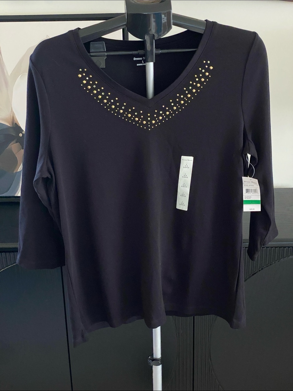 Vintage Studio Works Black 3/4 Sleeve Stud and Rhinestone Top